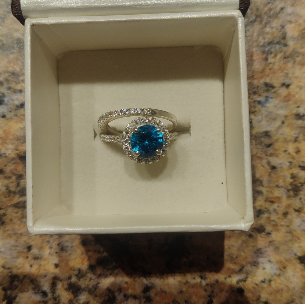 Beryl Craft 2 10ct round London Blue Topaz & White diamond engagement set.